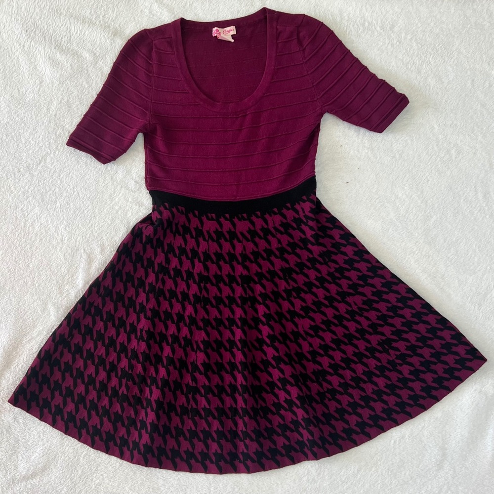 Candies Magenta Black Houndstooth Fit Flare Sweater Dress Small Short Sleeve